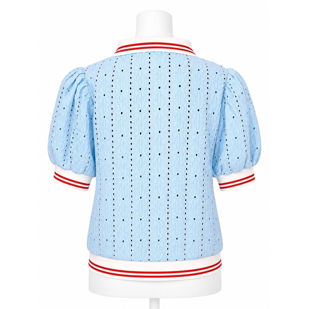 Maeve Blue Eyelet Puff Sleeve Varsity Trim Top Cottagecore Preppy size M - Picture 2 of 6